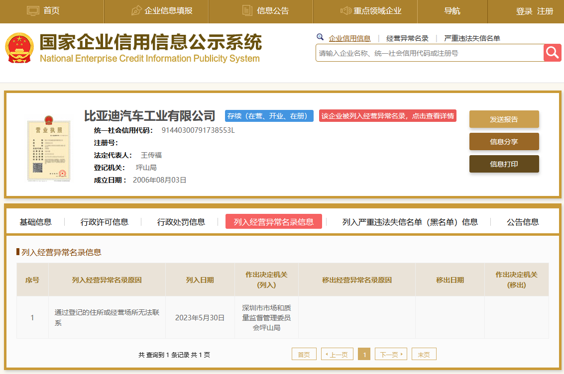 比亞迪汽車工業(yè)ldquo;經(jīng)營(yíng)異常&rdquo;?比亞迪:未被列入經(jīng)營(yíng)異常名錄